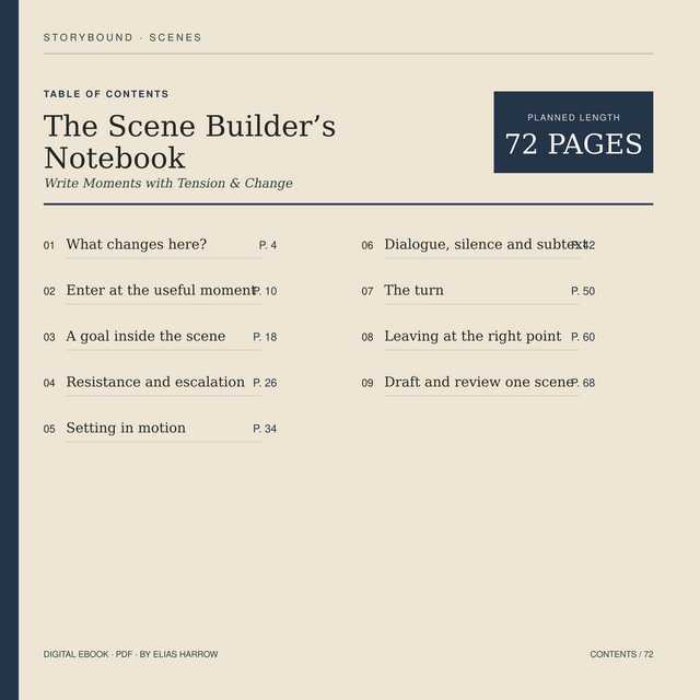 The contents pages of The Scene Builder’s Notebook, a digital story-craft guide from STORYBOUND.